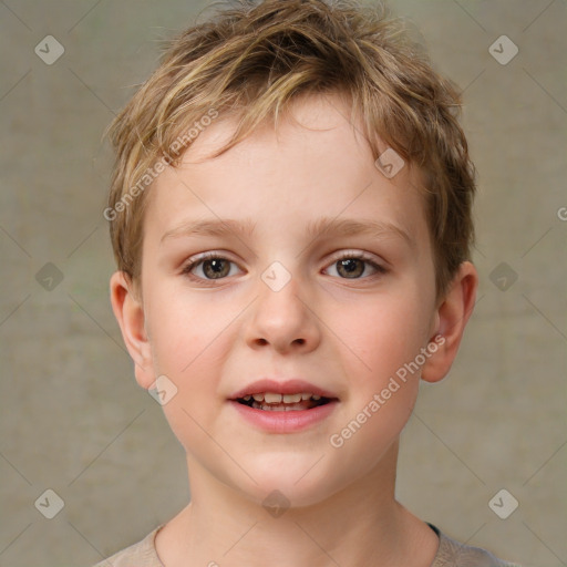 Joyful white child male with short  brown hair and brown eyes