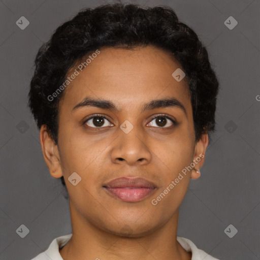 Joyful black young-adult male with short  brown hair and brown eyes