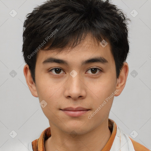 Neutral asian young-adult male with short  brown hair and brown eyes