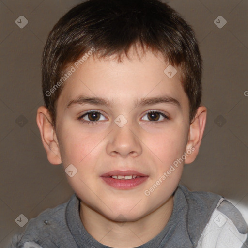 Joyful white child male with short  brown hair and brown eyes