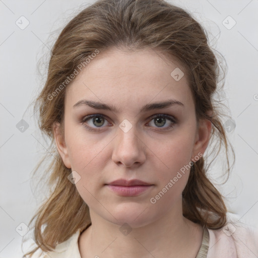 Neutral white young-adult female with medium  brown hair and grey eyes