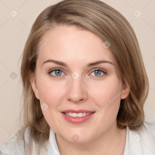 Joyful white young-adult female with medium  brown hair and blue eyes