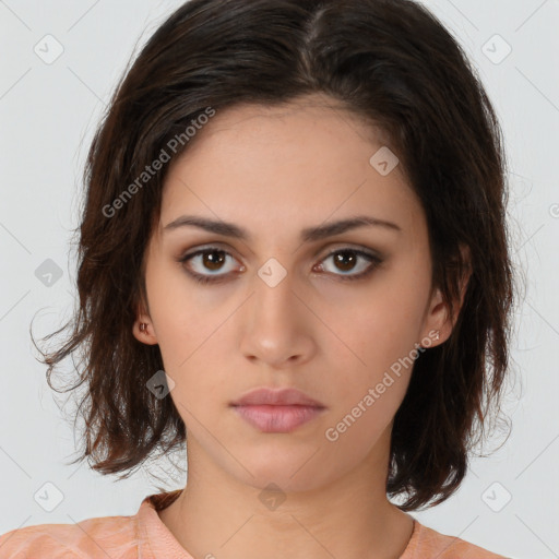 Neutral white young-adult female with medium  brown hair and brown eyes