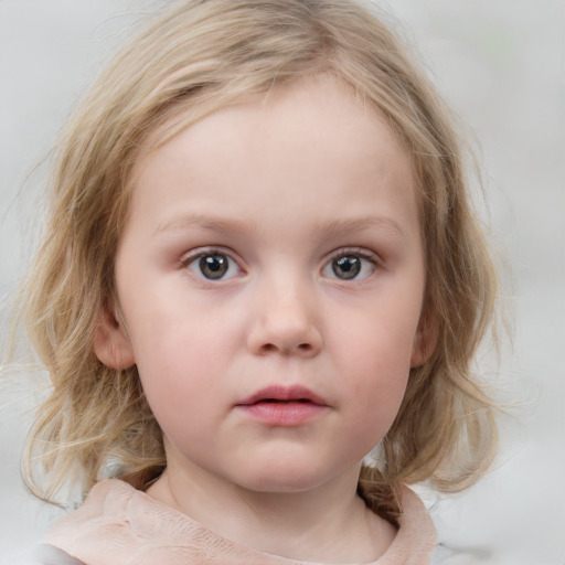 Neutral white child female with medium  brown hair and blue eyes