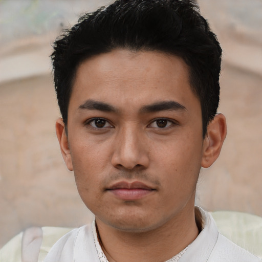 Neutral asian young-adult male with short  black hair and brown eyes