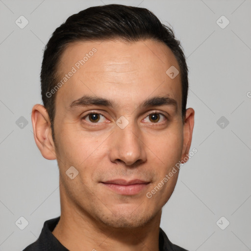 Joyful white young-adult male with short  brown hair and brown eyes