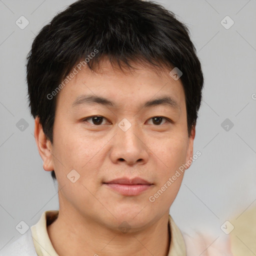 Neutral asian young-adult male with short  brown hair and brown eyes