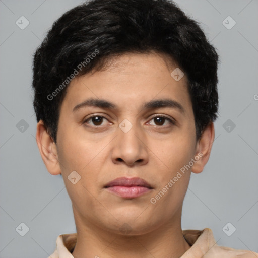 Neutral latino young-adult male with short  black hair and brown eyes