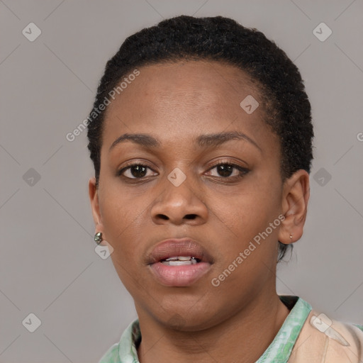 Neutral black young-adult female with short  brown hair and brown eyes