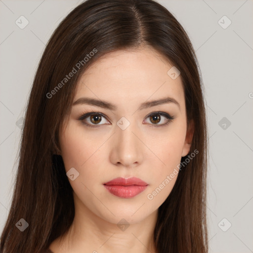 Neutral white young-adult female with long  brown hair and brown eyes