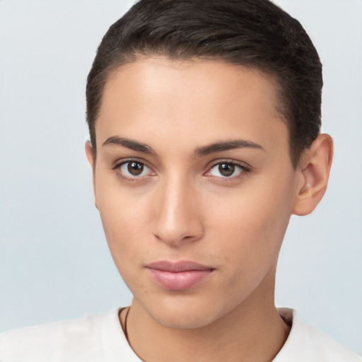 Neutral white young-adult female with short  brown hair and brown eyes