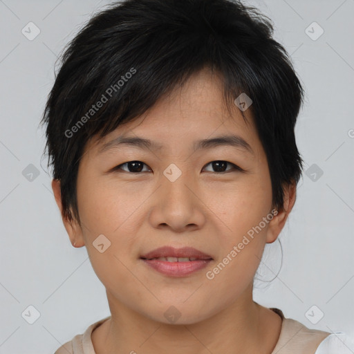 Joyful asian young-adult female with short  brown hair and brown eyes