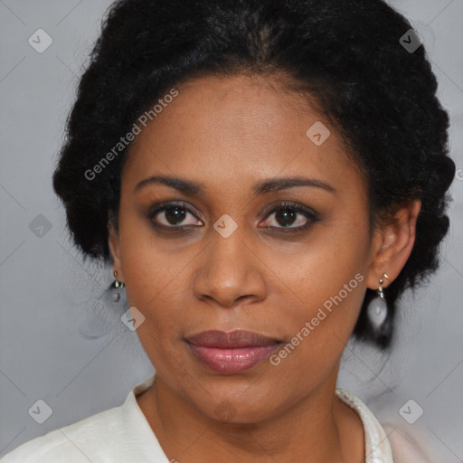 Joyful black young-adult female with medium  brown hair and brown eyes