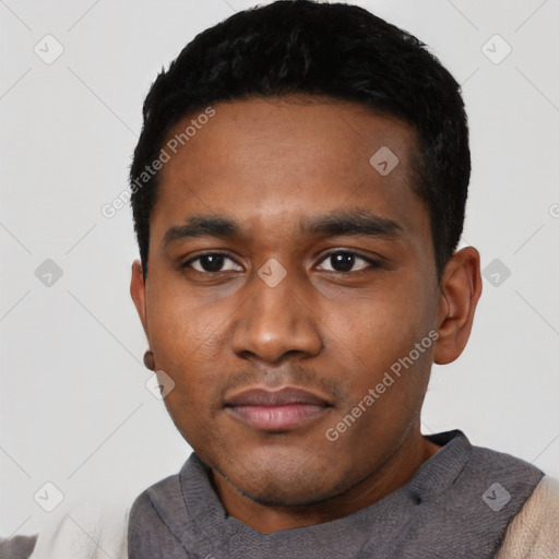 Neutral latino young-adult male with short  black hair and brown eyes