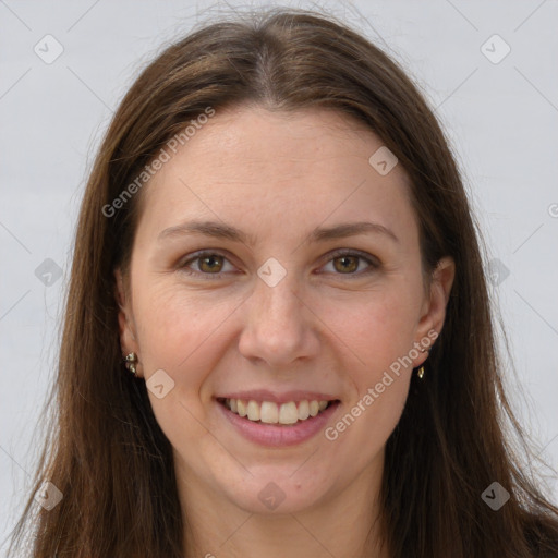 Joyful white young-adult female with long  brown hair and grey eyes