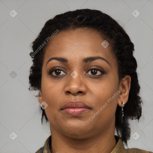 Neutral black young-adult female with medium  brown hair and brown eyes