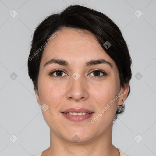 Joyful white young-adult female with short  brown hair and brown eyes