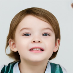 Joyful white child female with short  brown hair and grey eyes