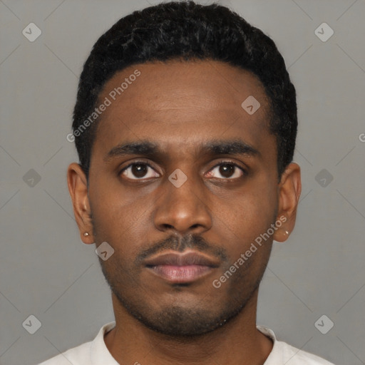 Neutral latino young-adult male with short  black hair and brown eyes