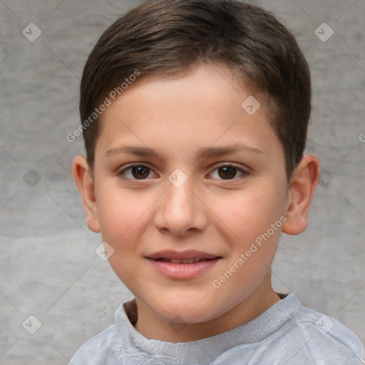 Joyful white child female with short  brown hair and brown eyes