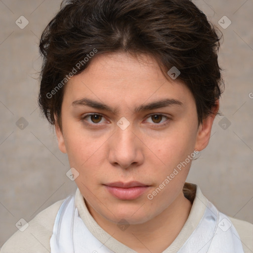 Neutral white young-adult female with short  brown hair and brown eyes