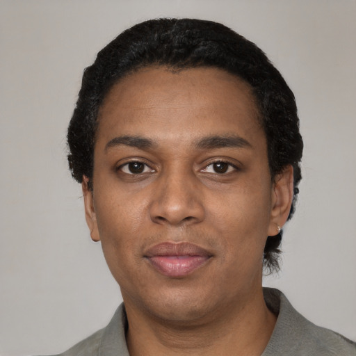 Neutral black young-adult male with short  black hair and brown eyes