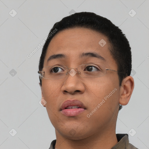 Neutral latino young-adult female with short  black hair and brown eyes