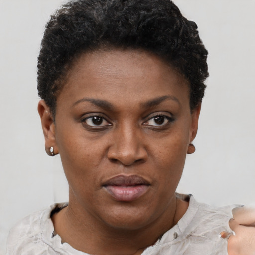 Neutral black young-adult female with short  brown hair and brown eyes