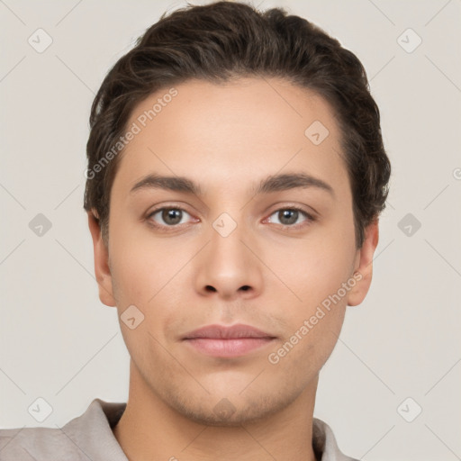 Neutral white young-adult male with short  brown hair and brown eyes