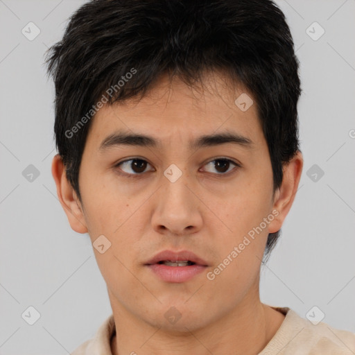 Neutral asian young-adult male with short  brown hair and brown eyes