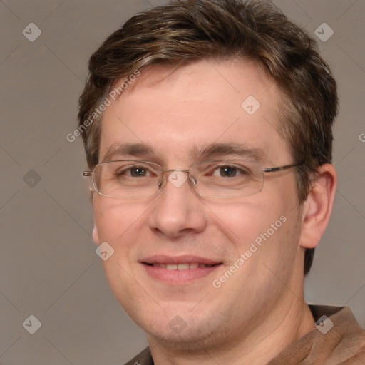 Joyful white adult male with short  brown hair and brown eyes