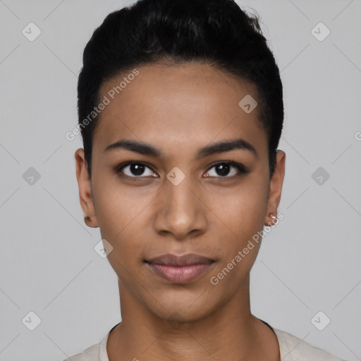 Joyful latino young-adult female with short  black hair and brown eyes