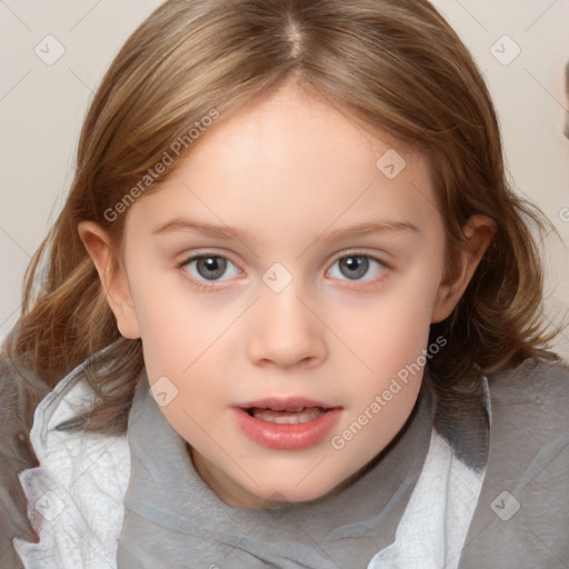 Joyful white child female with medium  brown hair and brown eyes