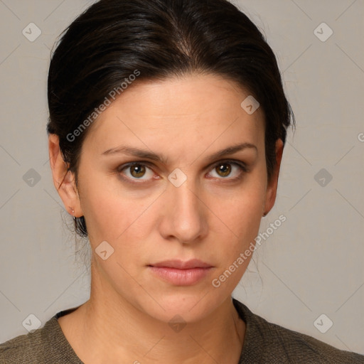 Neutral white young-adult female with medium  brown hair and brown eyes