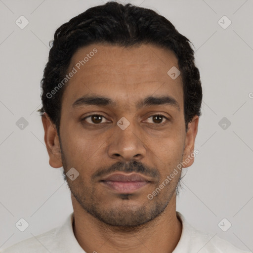 Neutral latino young-adult male with short  black hair and brown eyes