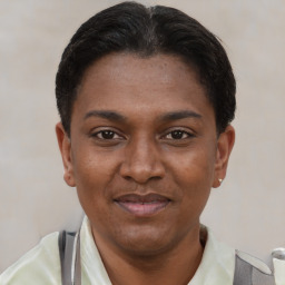 Joyful latino young-adult female with short  brown hair and brown eyes