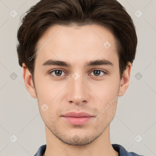 Neutral white young-adult male with short  brown hair and brown eyes