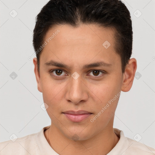 Neutral white young-adult male with short  brown hair and brown eyes