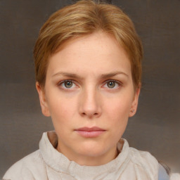 Neutral white young-adult female with short  brown hair and brown eyes