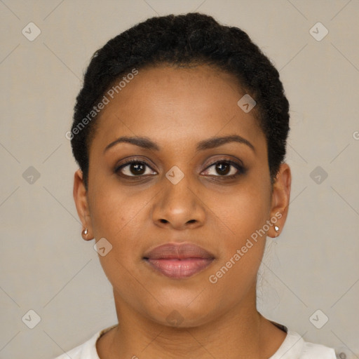 Joyful latino young-adult female with short  black hair and brown eyes