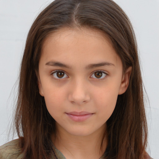 Neutral white child female with long  brown hair and brown eyes