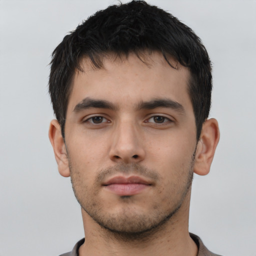 Neutral asian young-adult male with short  black hair and brown eyes