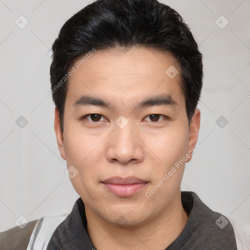 Neutral asian young-adult male with short  black hair and brown eyes