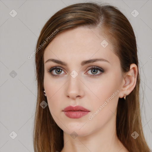 Neutral white young-adult female with long  brown hair and brown eyes