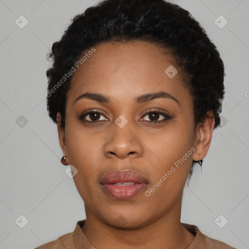 Neutral black young-adult female with short  black hair and brown eyes