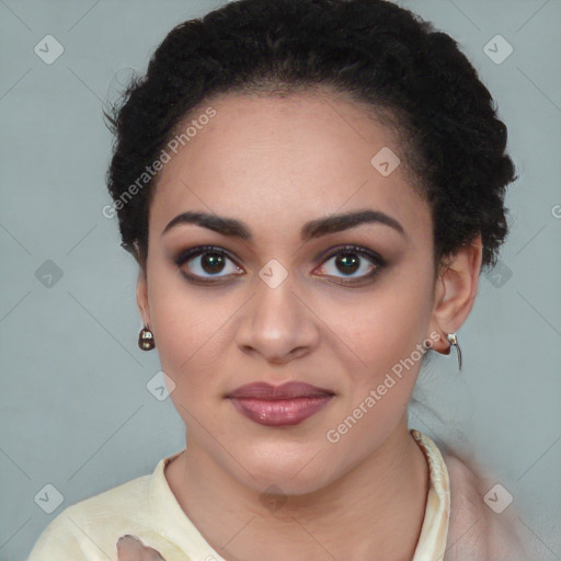 Joyful latino young-adult female with medium  black hair and brown eyes