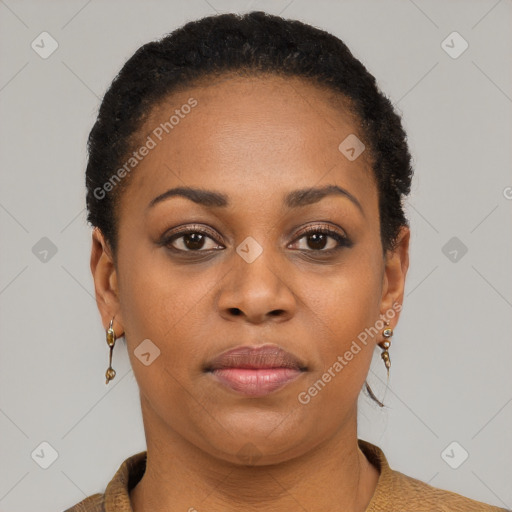 Neutral black young-adult female with short  brown hair and brown eyes