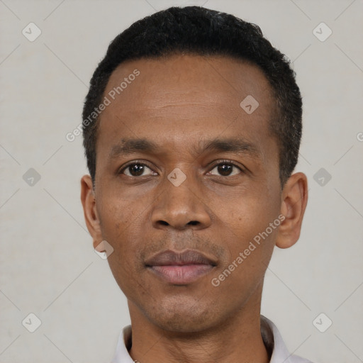 Neutral black adult male with short  black hair and brown eyes