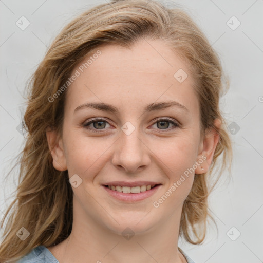 Joyful white young-adult female with medium  brown hair and blue eyes