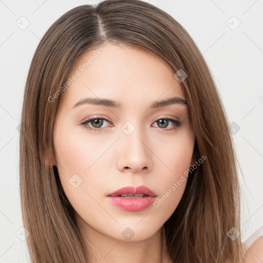 Neutral white young-adult female with long  brown hair and brown eyes